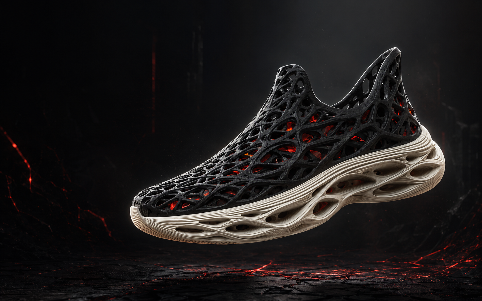 Obsidian lattice sneaker suspended inside a digital forge